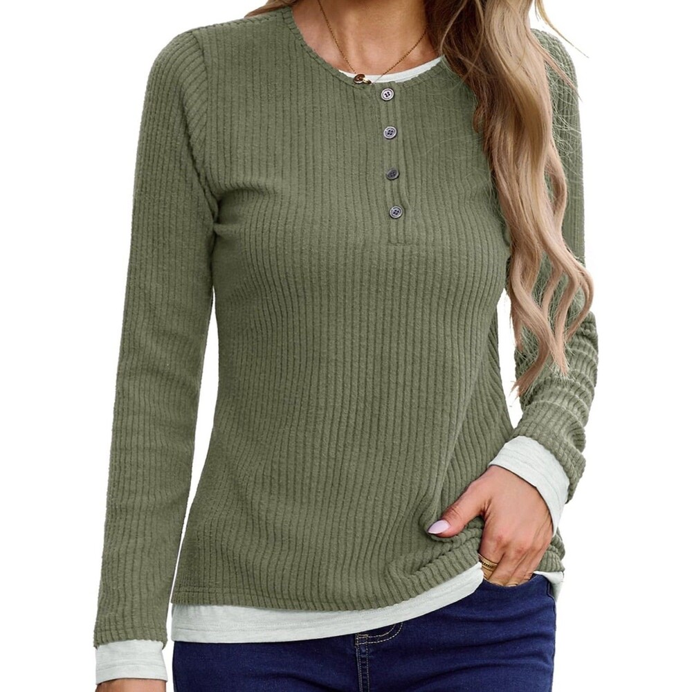 NEW Gardenwed Ribbed Long Sleeve Buttoned Layered Look Top Blouse Women’s size L